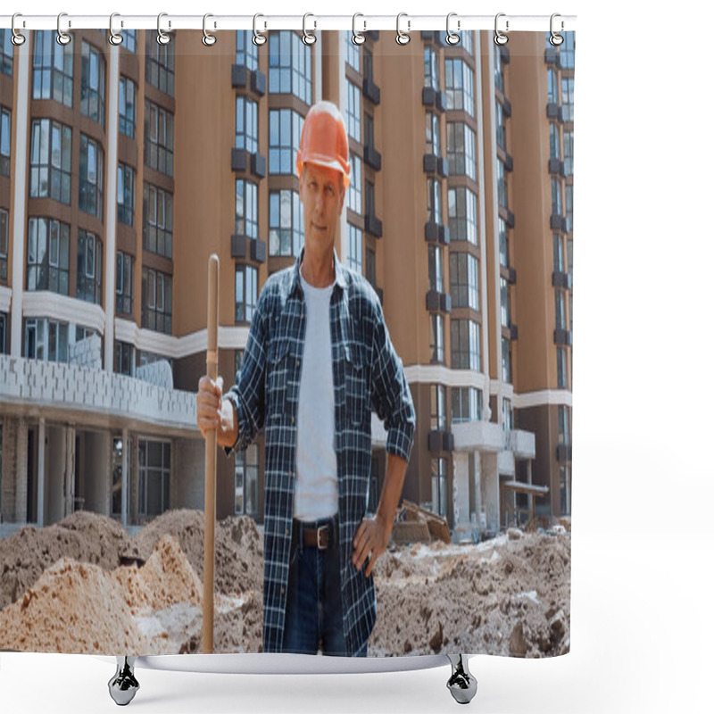 Personality  Smiling Builder Holding Shovel And Standing With Hand On Hip On Construction Site Shower Curtains