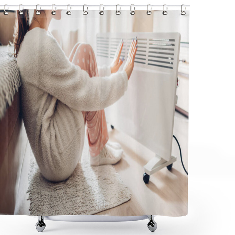 Personality  Using Heater At Home In Winter. Woman Warming Her Hands Sitting By Device And Wearing Warm Clothes. Heating Season. Shower Curtains