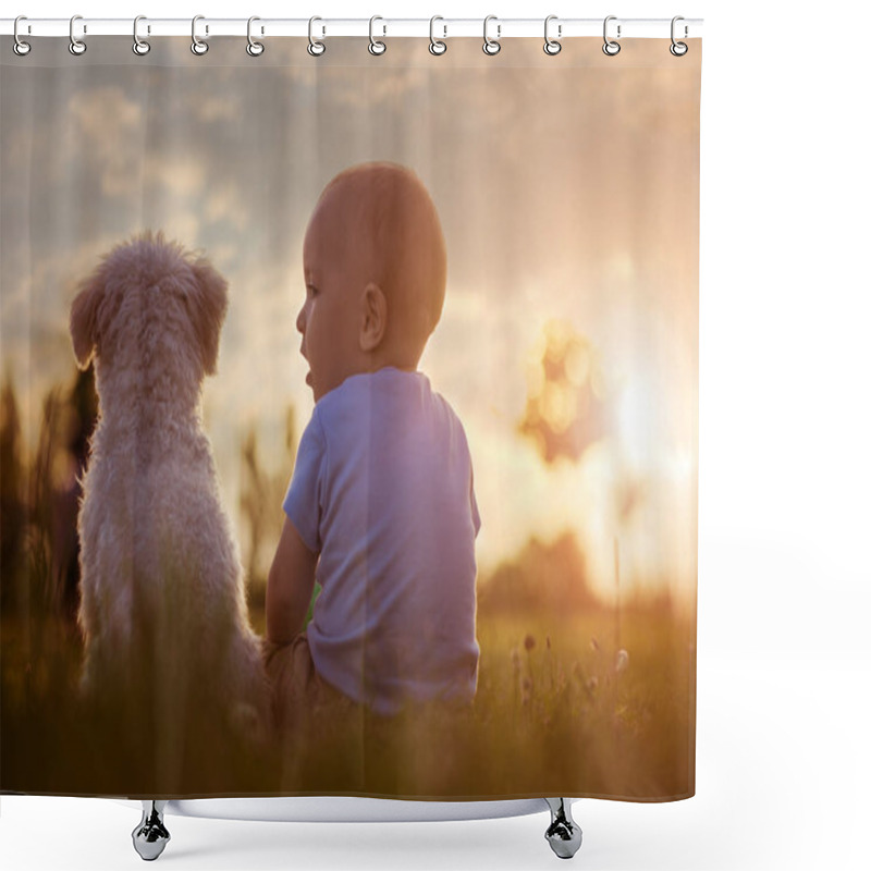 Personality  Baby Boy And His Dog Enjoying In Nature Shower Curtains