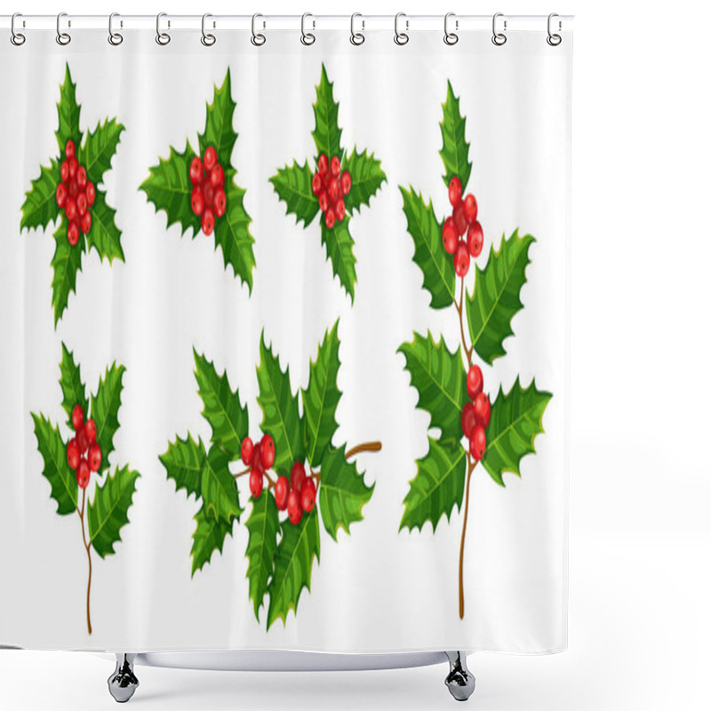 Personality  Set Of Christmas Hollies In Cartoon Style. Vector Illustration Of Different Festive Hollies With Green Glossy Leaves, Red Berries, Branches Isolated On White Background. New Year Decoration. Holiday. Shower Curtains