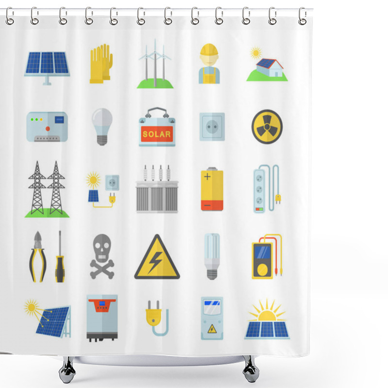 Personality  Solar Energy Equipment Icons Set, Flat Style Shower Curtains