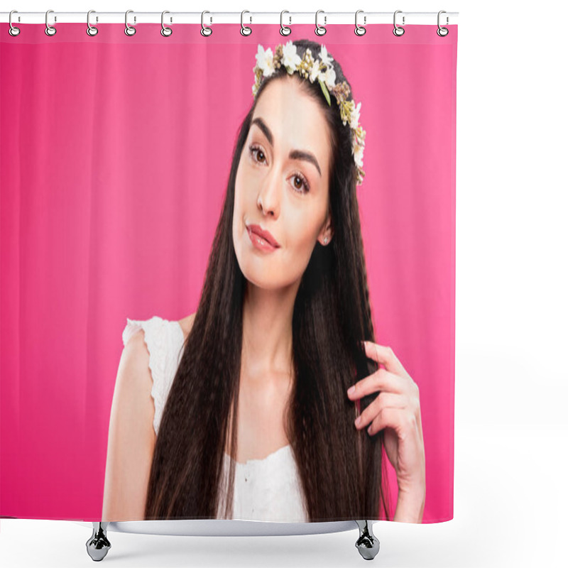 Personality  Young Brunette Woman In White Dress And Floral Wreath Touching Long Hair And Looking At Camera Isolated On Pink Shower Curtains