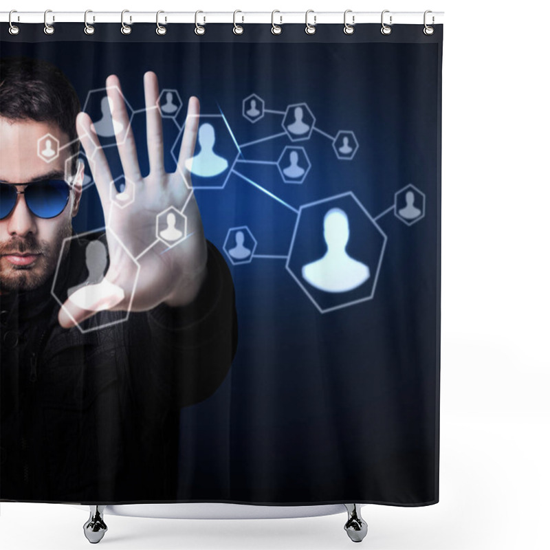 Personality  Man In Sunglasses Controls Virtual System By Hand. Shower Curtains