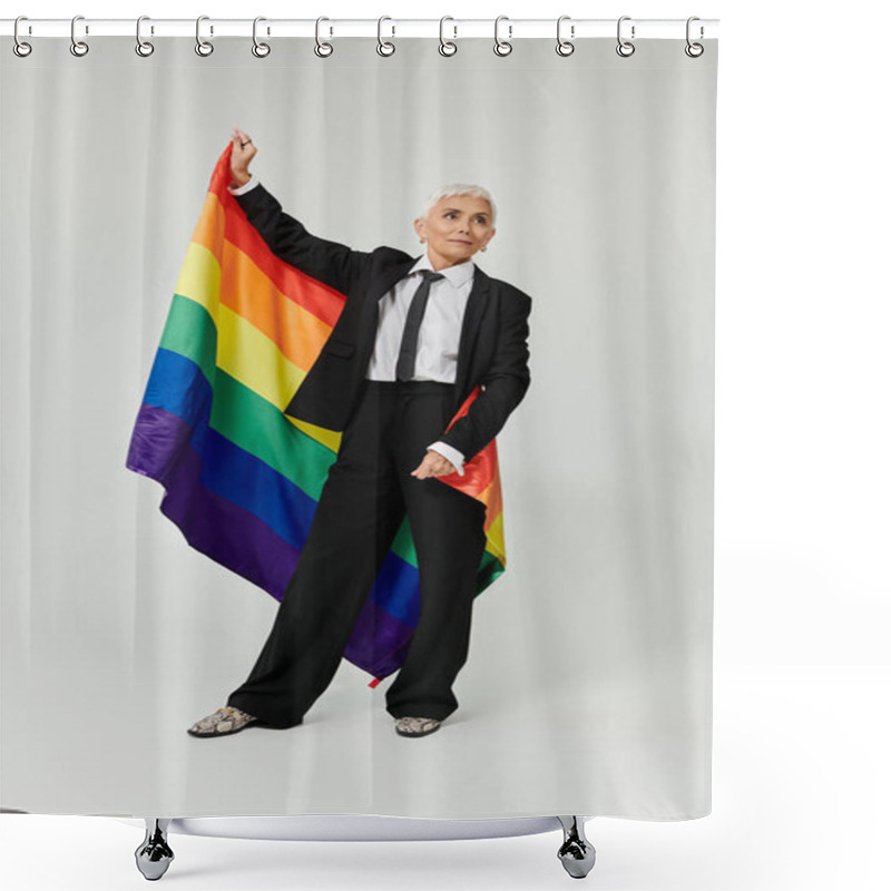 Personality  Confident Woman With Short Hair Proudly Holding A Rainbow Flag. Shower Curtains