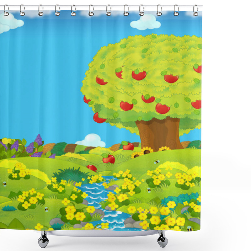 Personality  Cartoon Scene With Farm Fields Stream By The Day And Apple Trees - Illustration For Children Shower Curtains