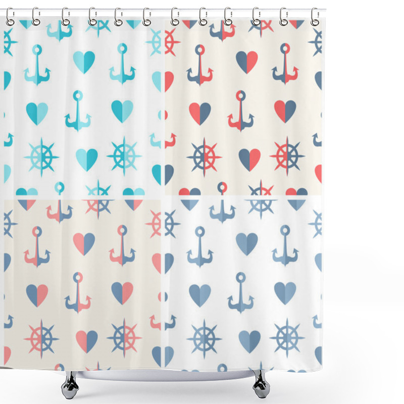 Personality  Navy Vector Seamless Patterns Set Anchor, Steering Wheels And Hearts Shower Curtains