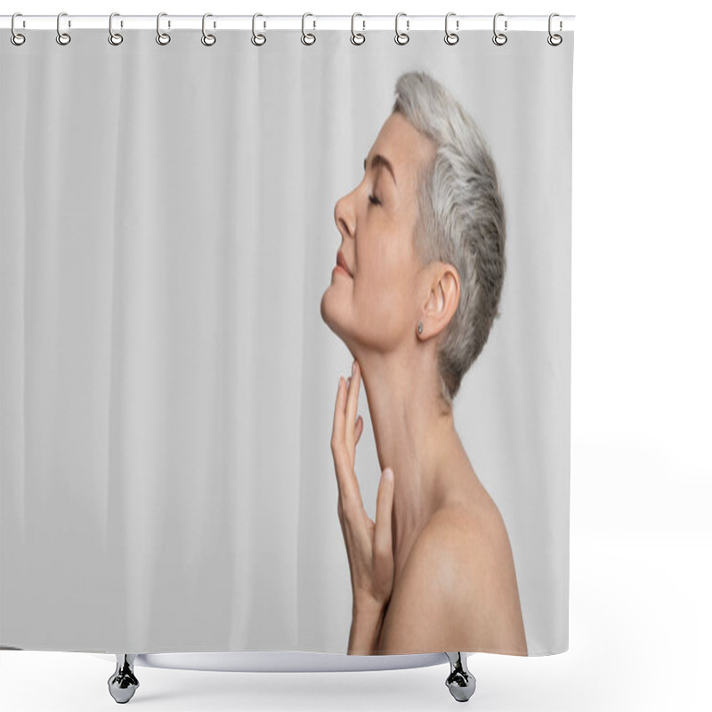 Personality  Anti-Age Treatment. Beautiful Middle-aged Woman Touching Soft Skin On Her Neck Shower Curtains