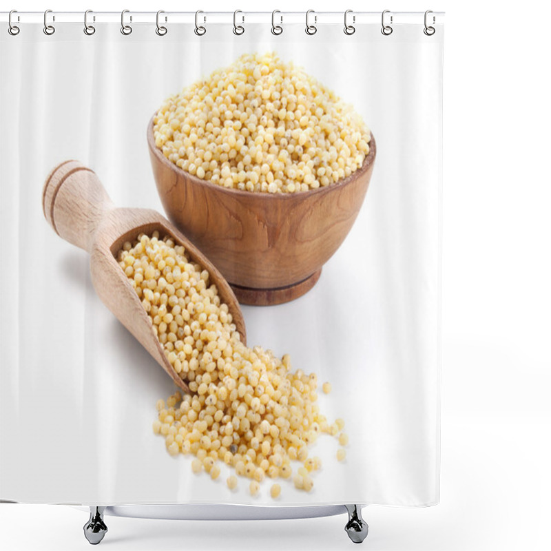 Personality  Millet In A Wooden Bowl Isolated On White Shower Curtains