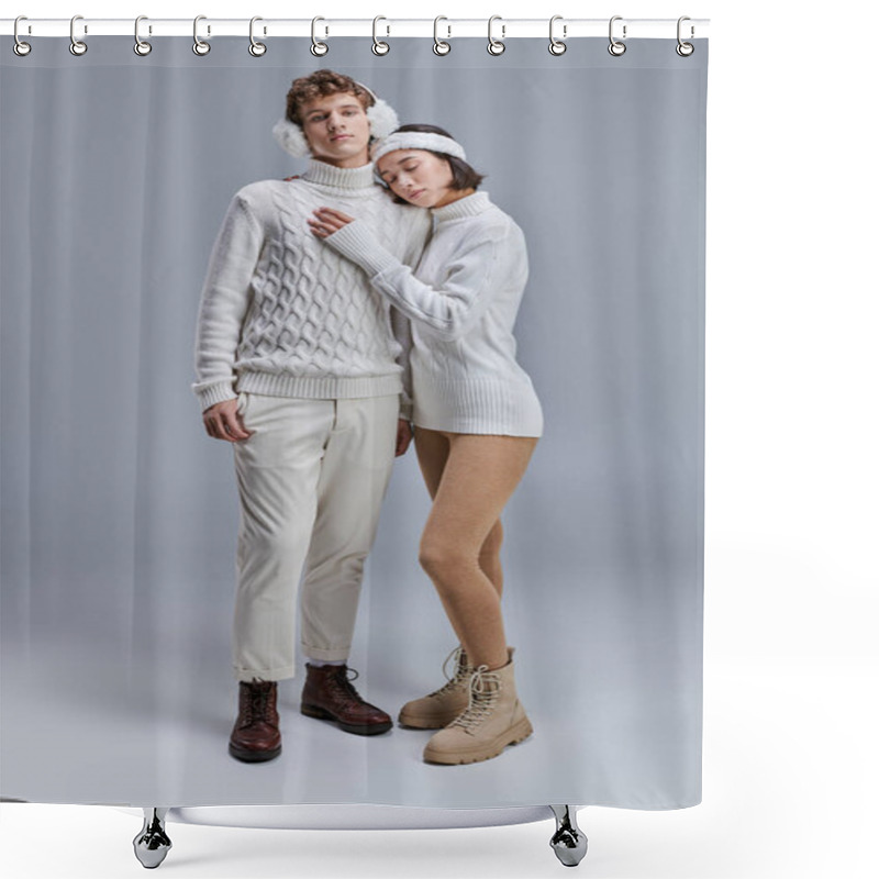 Personality  Asian Woman In White Sweater And Headband Leaning On Chest Of Trendy Man On Grey, Winter Fashion Shower Curtains