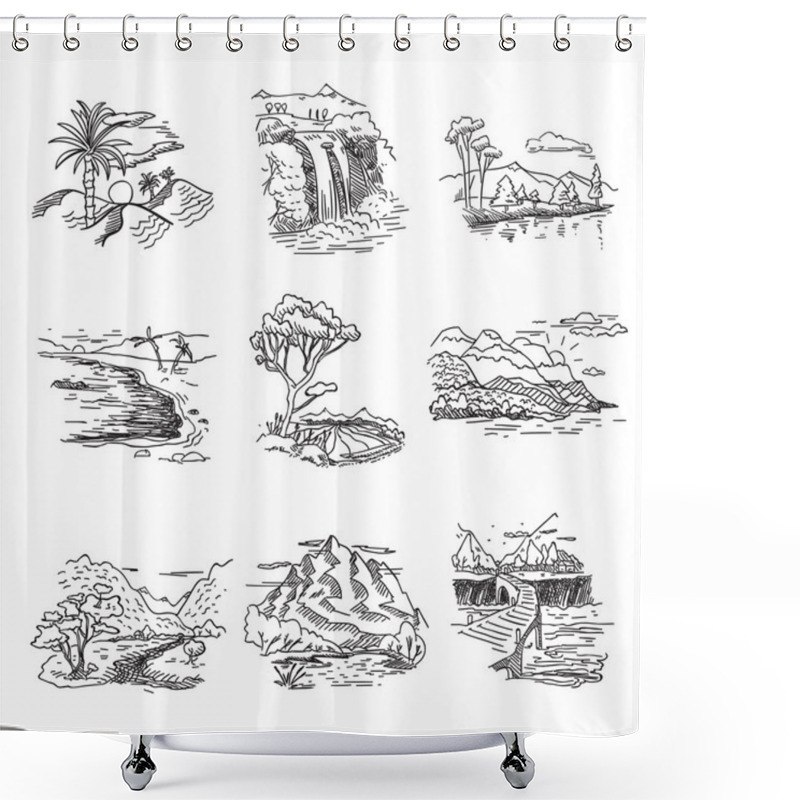 Personality  Hand Drawn Rough Draft Doodle Sketch Nature Landscape Illustration With Sun Hills Sea Forest Waterfall Shower Curtains