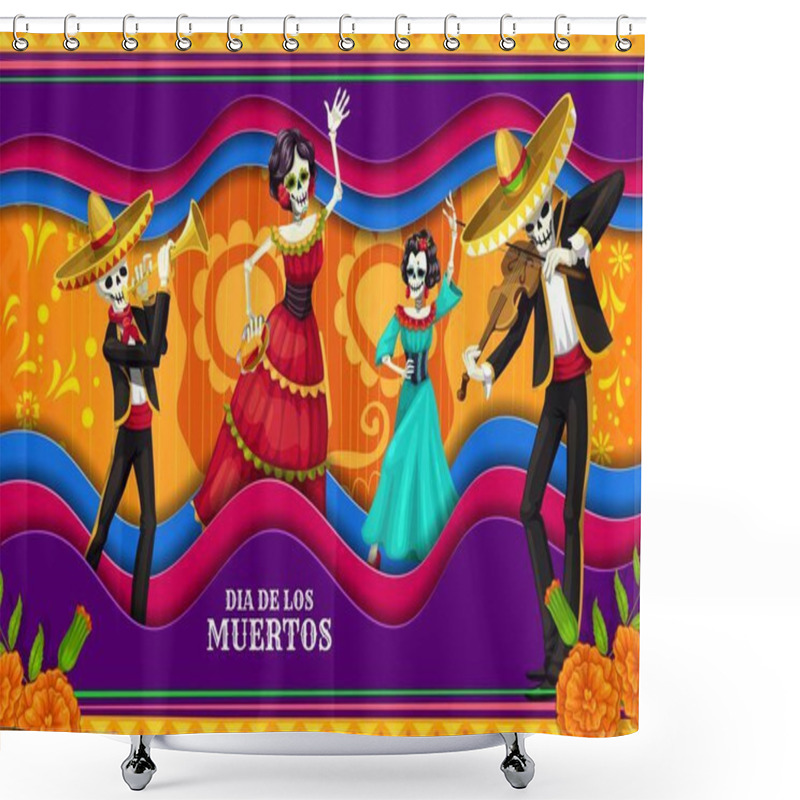 Personality  Cartoon Dia De Los Muertos Day Of The Dead Mexican Holiday Paper Cut Banner With Catrin And Mariachi Skeletons Wear Traditional Costumes Dancing And Playing Violin Or Trumpet Inside Of 3d Vector Frame Shower Curtains