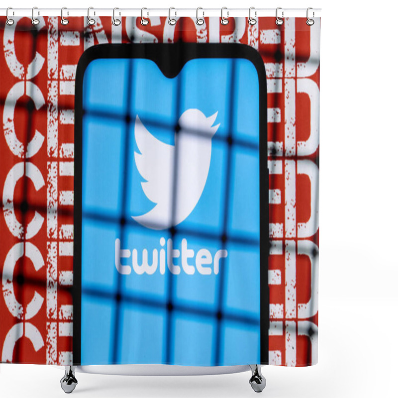 Personality  Kazan, Russia - Oct 23, 2021: Twitter Social Network Logo On The Smartphone Screen Behind The Bars On The Background With The Inscription Censored. The Concept Of Twitter Censorship And Prohibition. Shower Curtains