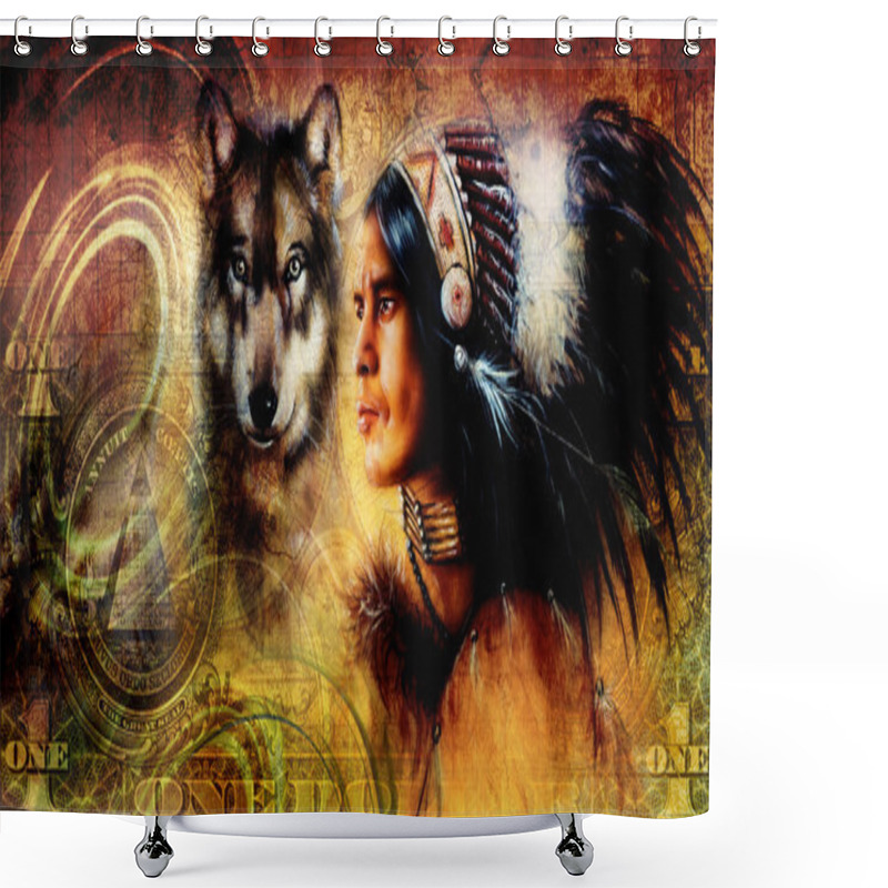 Personality  One Dollar Collage With Indian Man Warrior With Wolf, Ornament Background Shower Curtains