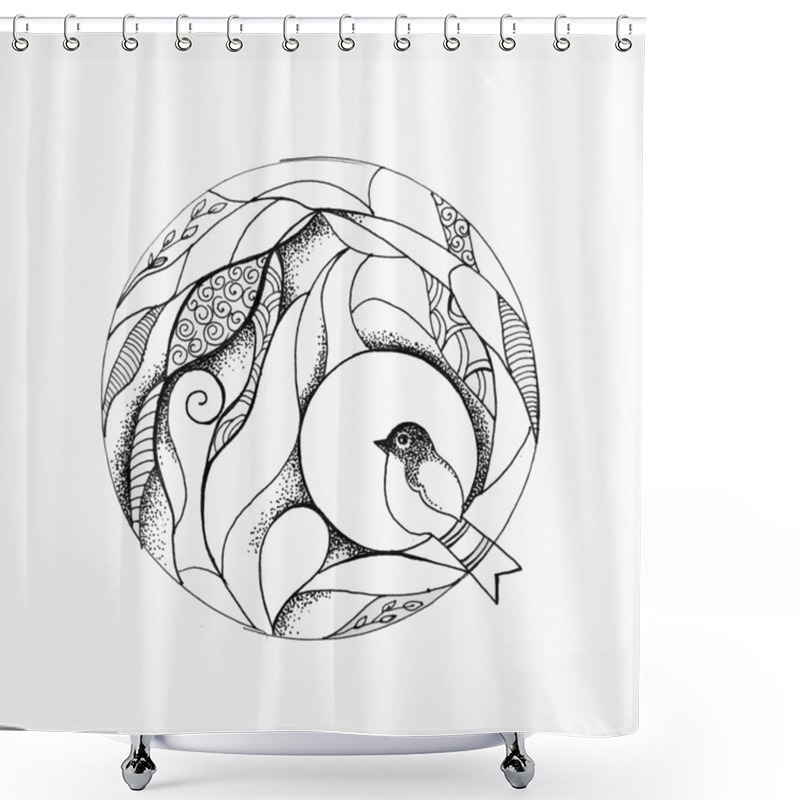 Personality  Sketch Of A Beautiful Bird In A Circle On A White Background. Shower Curtains