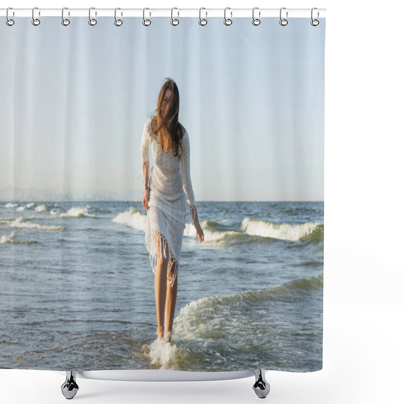 Personality  Brunette Woman In Dress Standing In Sea Water  Shower Curtains