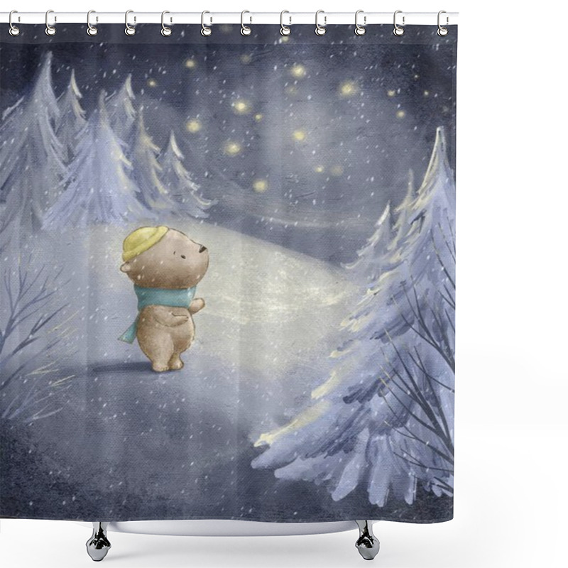 Personality  Cartoon Drawing Of A Bear On Winter Holidays, Winter Forest And Forest Dwellers, Snowy Forest Shower Curtains