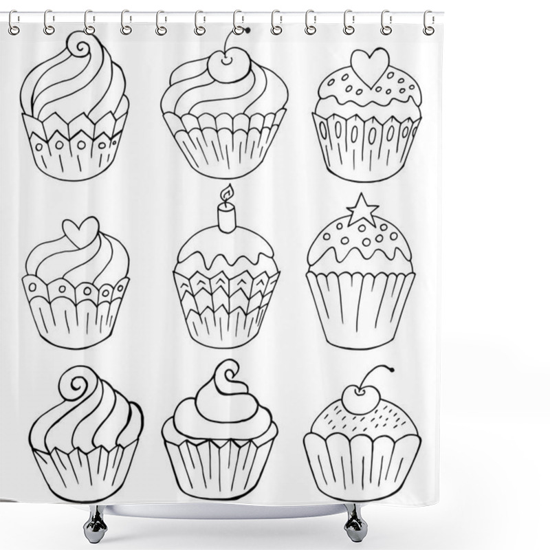 Personality  Set Of Icons Of Cupcakes, Muffins In Hand Draw Style. Collection Of Vector Illustrations For Your Design. Sweet Pastries, Cute Muffins. Outline Drawing, Coloring Book Shower Curtains