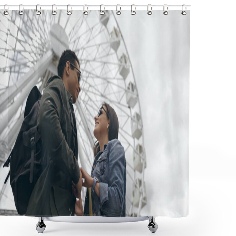 Personality  Low Angle View Of Multiethnic Tourists Holding Hands Near Blurred Ferris Wheel  Shower Curtains