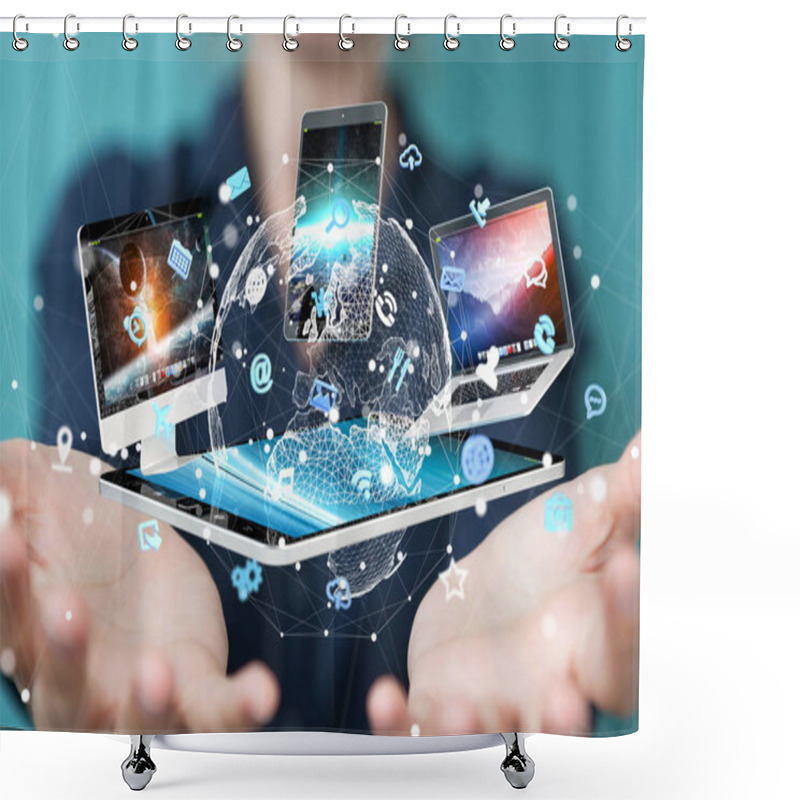 Personality  Tech Devices Connected To Each Other By Businesswoman 3D Renderi Shower Curtains