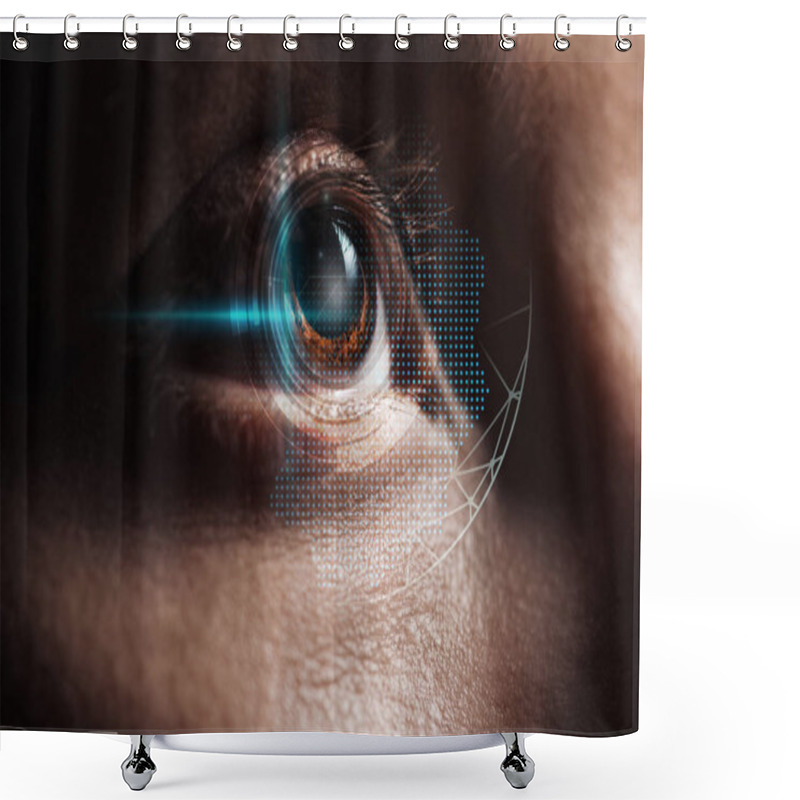 Personality  Close Up View Of Human Eye In Darkness With Data Illustration, Robotic Concept Shower Curtains