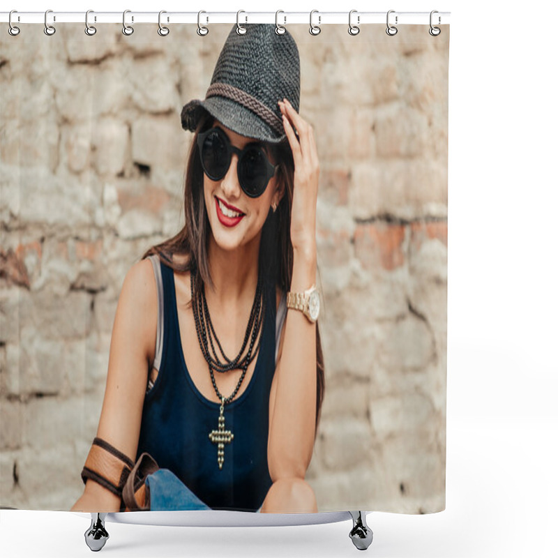 Personality  Beautiful Brunette Girl In Sunglasses Shower Curtains