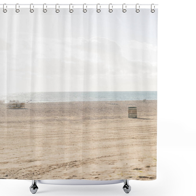 Personality  Trailer Parked On A Sandy Beach, Ready For A Seaside Harvest Under A Clear Sky. Shower Curtains