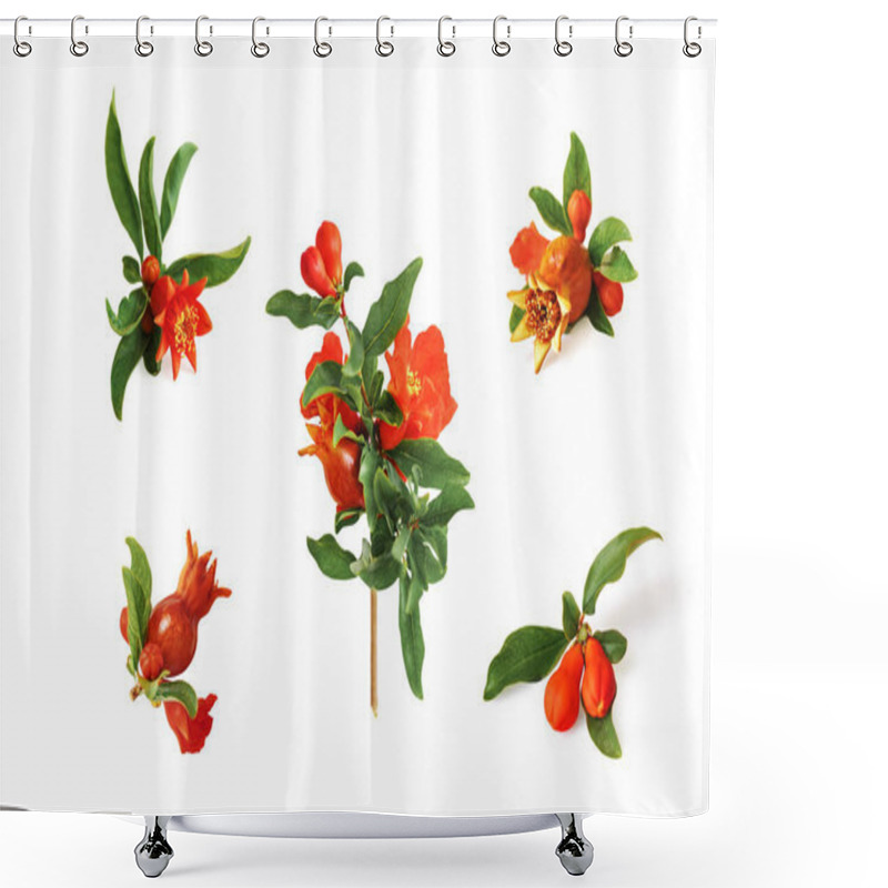 Personality  Set Of Various Pomegranate Branches With Flowers, Unripe Growing Fruits And Leaves Isolated On White Background Shower Curtains