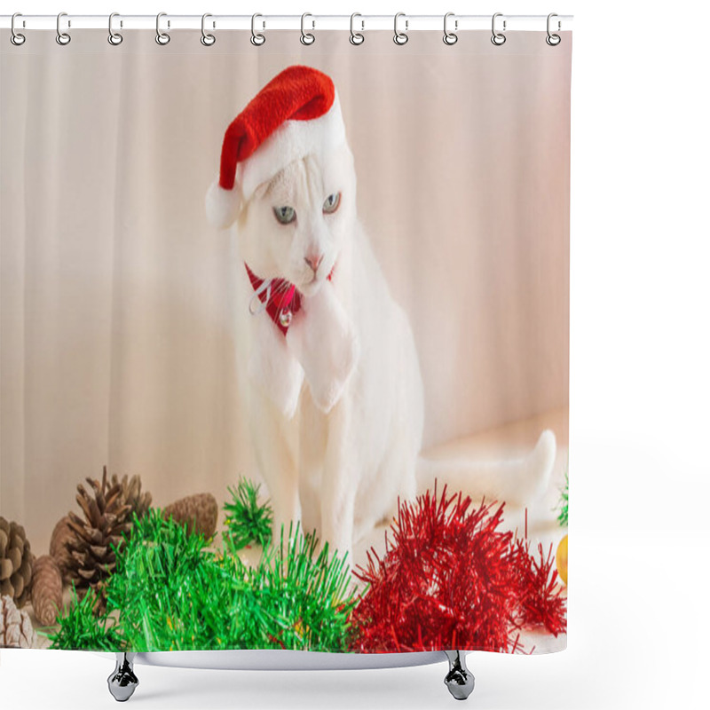 Personality  A Closeup Shot Of White Cat With Christmas Santa Claus Hat With Ornaments On A Table Shower Curtains