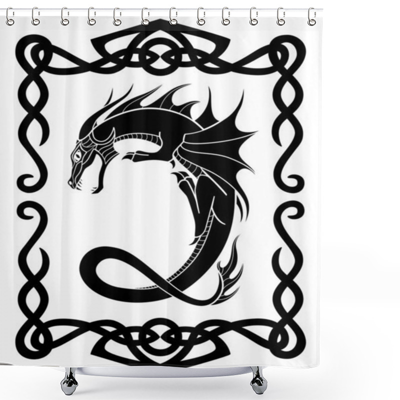 Personality  Fire-breathing Dragon In A Celtic Frame - A Vector Silhouette Picture With A Mythological Creature. Dragon Curved In The Shape Of The Letter C In A Frame In The Celtic Style. Shower Curtains