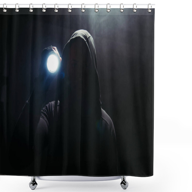 Personality  Silhouette Of Hooligan Holding Flashlight On Black Background With Smoke  Shower Curtains