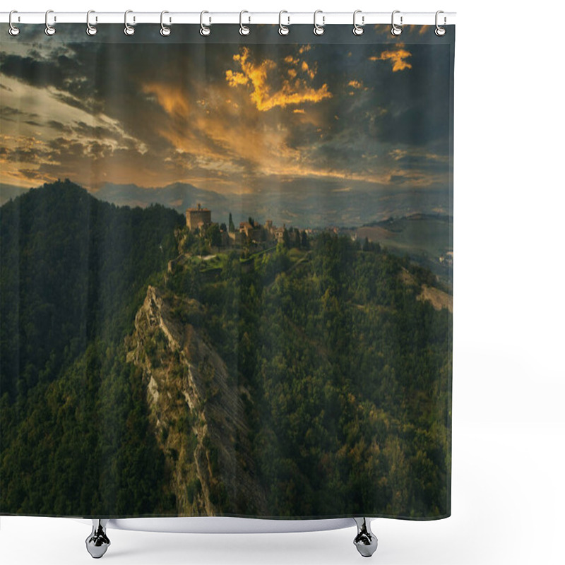 Personality  Aerial View Of A Historic Castle At Sunset, Surrounded By Lush Green Hills. Shower Curtains