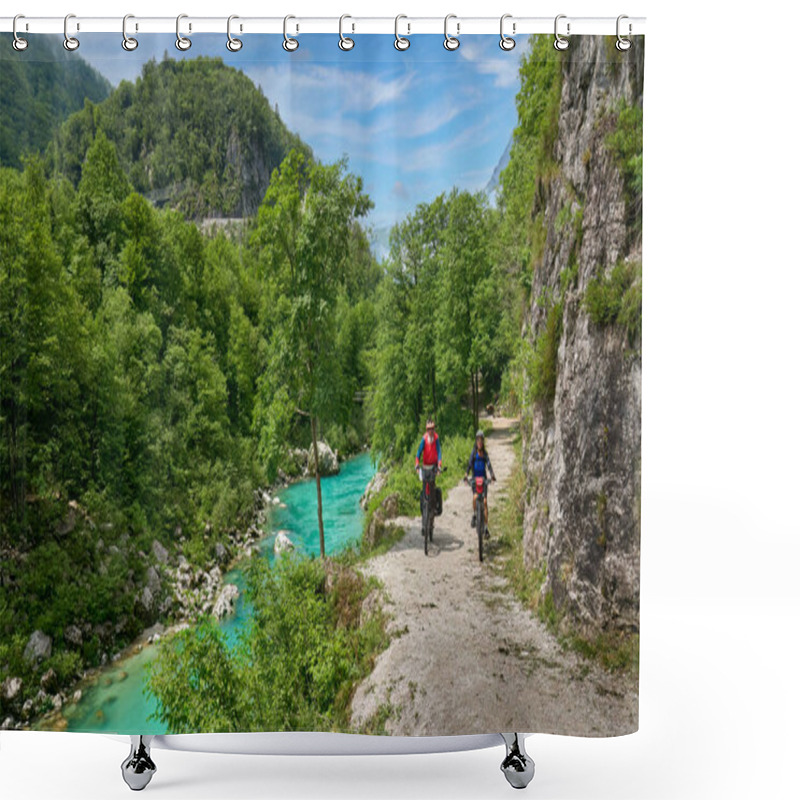 Personality  Active Senior Couple  On A E-bike Tour In The Valley Of River Soca, Triglav National Park Near Kobarid, Slovenia Shower Curtains