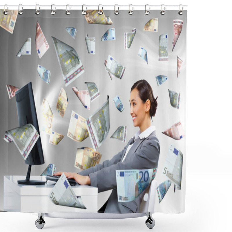 Personality  Businesswoman At Workplace And Money Symbols Shower Curtains