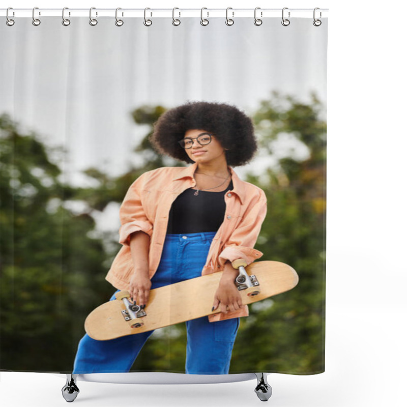 Personality  A Stylish African American Woman With An Afro Hairdo Confidently Holds A Skateboard In A Vibrant Skate Park Setting. Shower Curtains