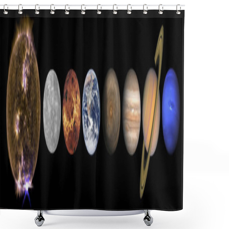 Personality  Solar System Planets And The Sun In A Row Isolated On Black. Mercury, Venus, Planet Earth, Mars, Jupiter, Saturn, Neptune. Science And Education Background. Elements Of This Image Furnished By NASA. Shower Curtains