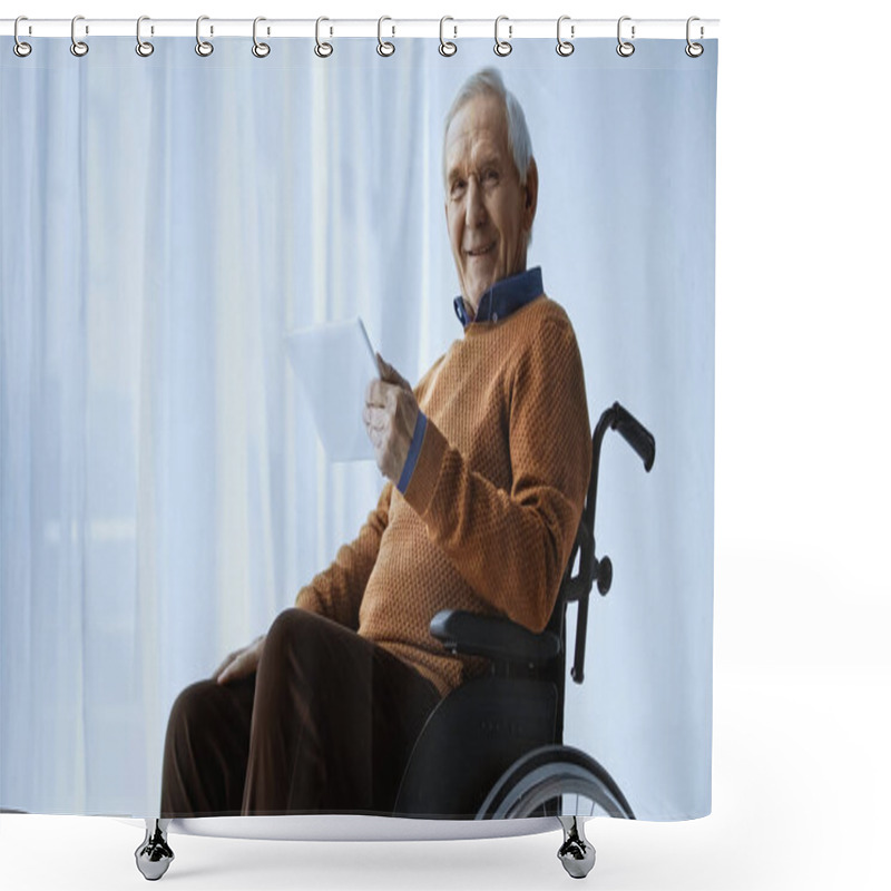 Personality  Cheerful Pensioner In Wheelchair Holding Tablet In Hand At Retirement Home Shower Curtains