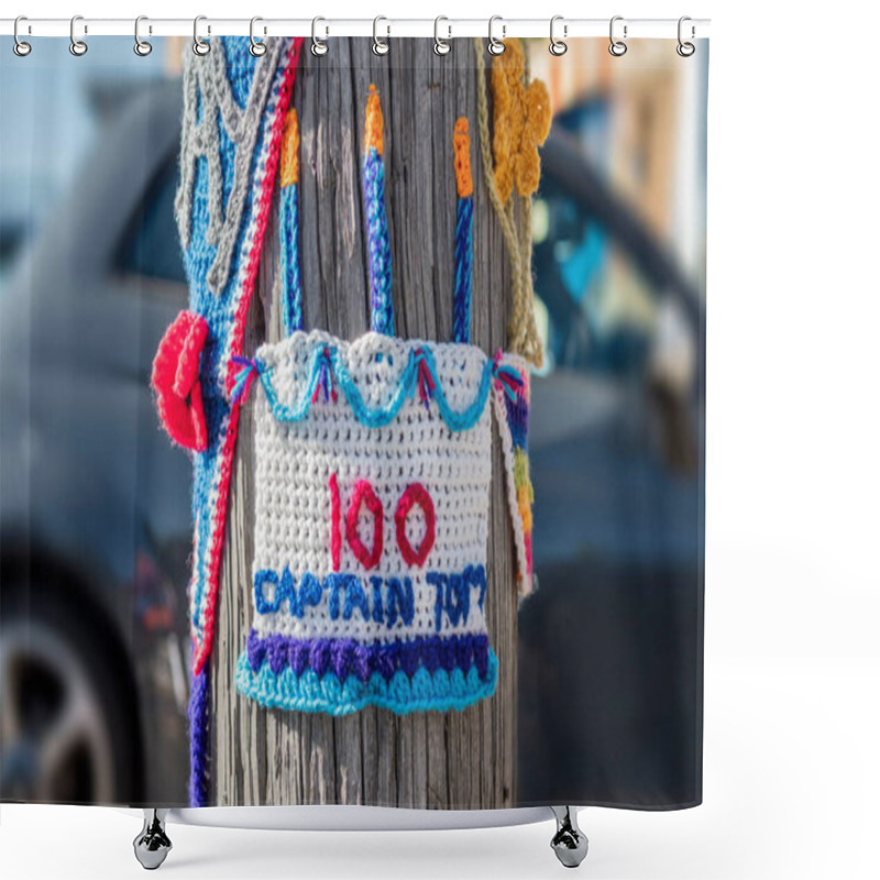 Personality  Crochet Birthday Cake For Captain Tom Celebrating His 100th Birthday Put On A Street Post With A Car In A Residential Area In The Background Shower Curtains