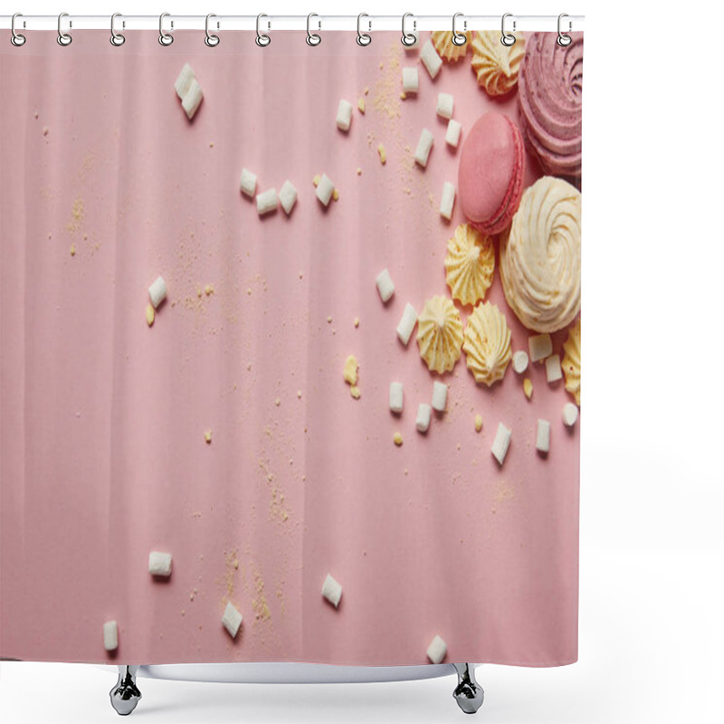 Personality  Top View Of Sweet Pink Macaroons, Meringues And Marshmallows With Yellow Pieces On Pink Background Shower Curtains