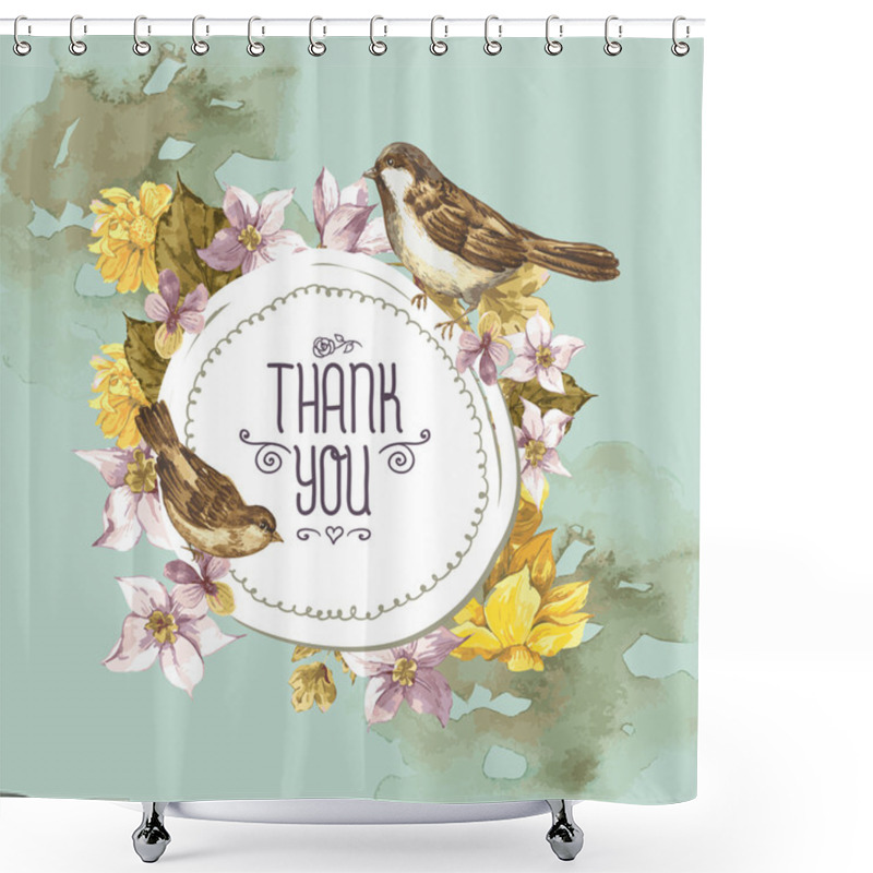 Personality  Floral Retro Card With Bird Sparrows Shower Curtains