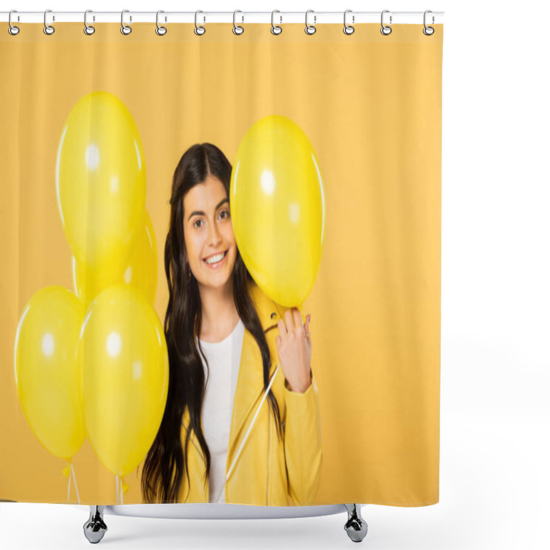 Personality  Attractive Woman Holding Yellow Balloons, Isolated On Yellow Shower Curtains