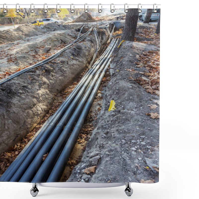 Personality  VARNA, BULGARIA - November 16, 2015: Construction Workers Make Repairs Urban Highways Engineering. Repair And Replacement Of Water, Sewer, Electric And Cable Laying Modern Optical Communication Shower Curtains