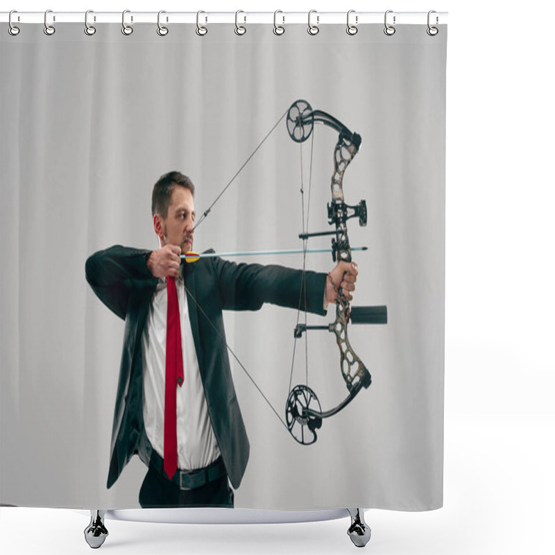 Personality  Businessman Aiming At Target With Bow And Arrow, Isolated On White Background Shower Curtains