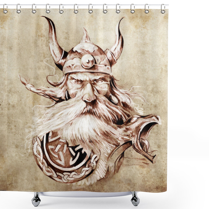 Personality  Tattoo Art, Sketch Of A Viking Warrior, Illustration Of An Ancie Shower Curtains