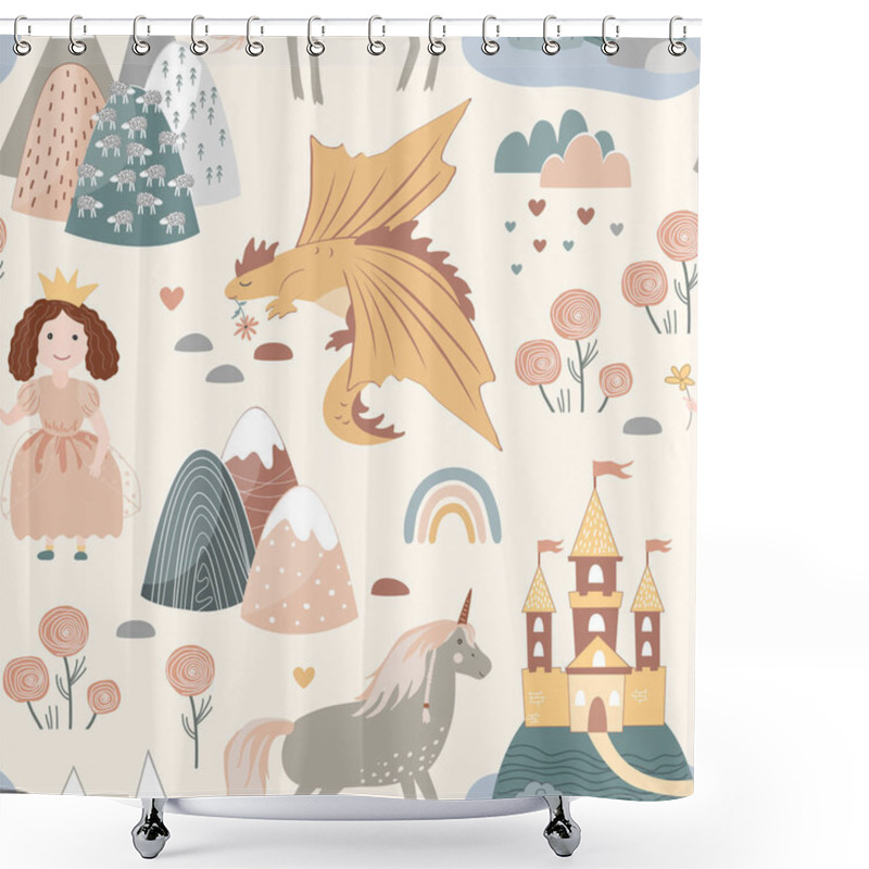 Personality  Princess Seamless Pattern In Scandinavian Style. Castle, Rainbow, Flowers, Unicorn, And Dragon Fairy Kingdom. Vector Boho Background, Textile Design For Children Shower Curtains