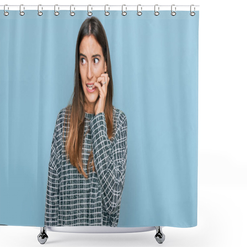 Personality  Young Beautiful Woman Wearing Casual Clothes Looking Stressed And Nervous With Hands On Mouth Biting Nails. Anxiety Problem.  Shower Curtains