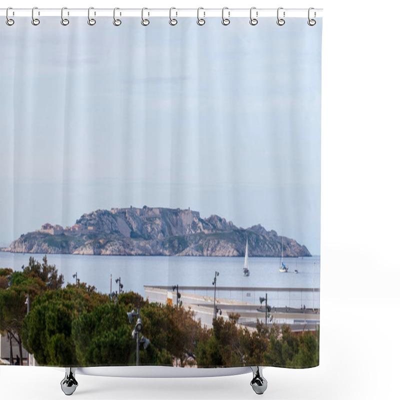 Personality  Marseille, France - February 2, 2025: View Of The Frioul Islands Near The City. Old Lighthouse And Coastal Buildings. Seashore. Shower Curtains