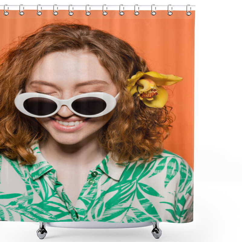 Personality  Joyful Red Haired Woman With Sunglasses And Orchid Flower Wearing Blouse With Floral Print And Standing Isolated On Orange, Stylish Casual Outfit And Summer Vibes Concept, Youth Culture Shower Curtains