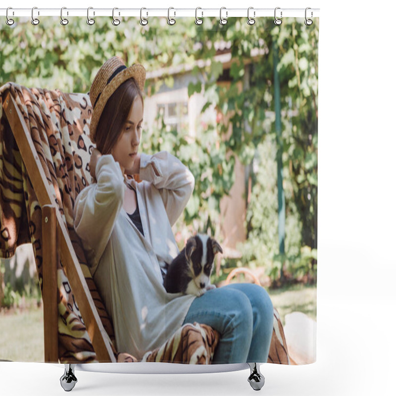 Personality  Blonde Girl In Straw Hat Holding Puppy On Knees While Sitting In Deck Chair In Garden Shower Curtains