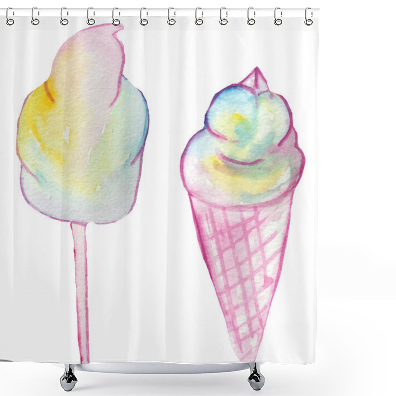 Personality  Rainbow-colored Sweets Isolated - Ice Cream And Cotton Candy On A White Background. Watercolor Illustration For Prints And Posters Shower Curtains