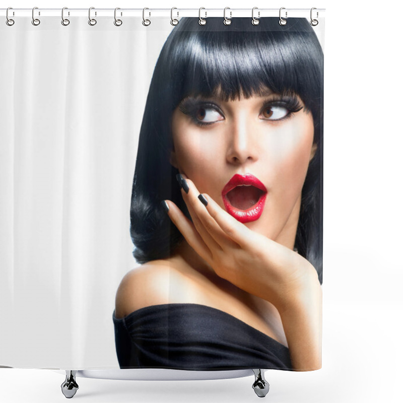 Personality  Beautiful Surprised Brunette Girl Over White Shower Curtains